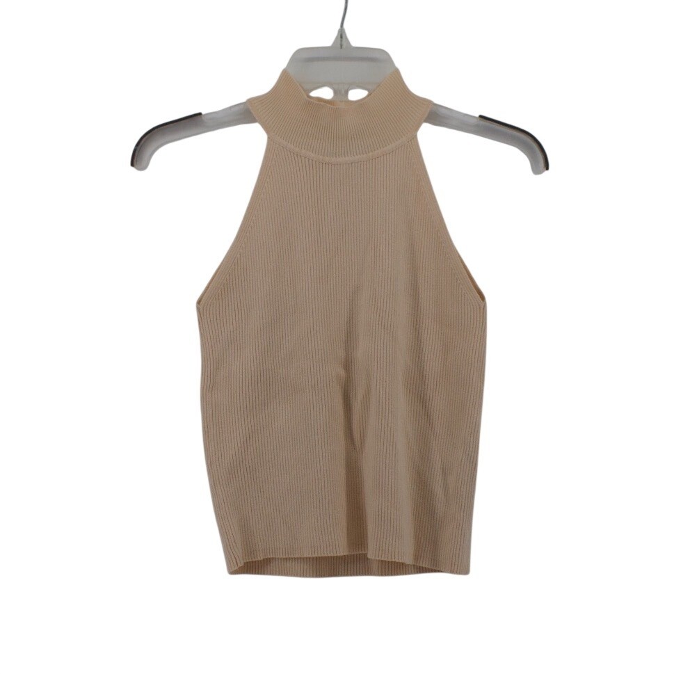 Zara Tank Top Womens Small Halter Mock Neck Beige Ribbed Knit Basic Minimalist
