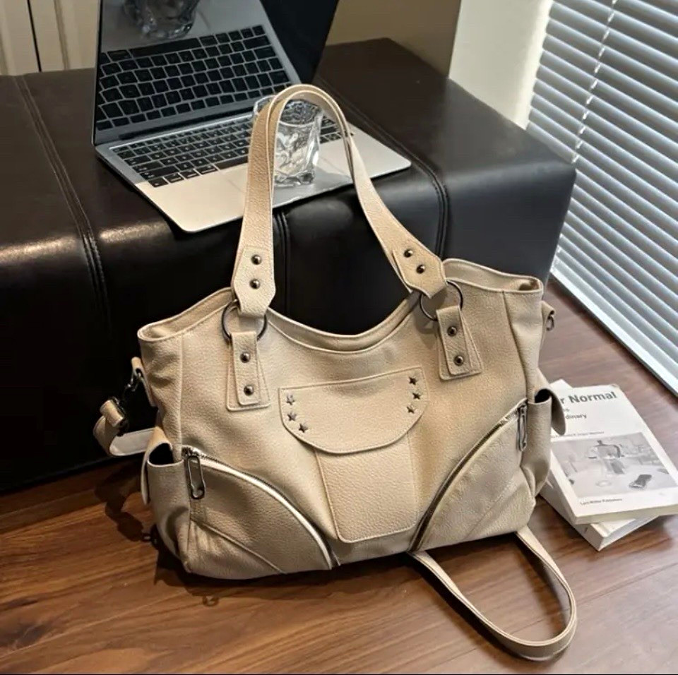 Vintage Rivet Star Hobo Tote Bag for Women, Soft PU Large Capacity Multi Zipper