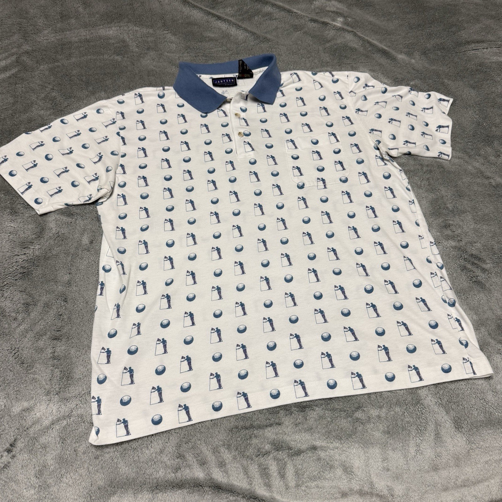 Vintage Jantzen Sport Polo Shirt Mens Large White Blue Allover Print Golf 90s