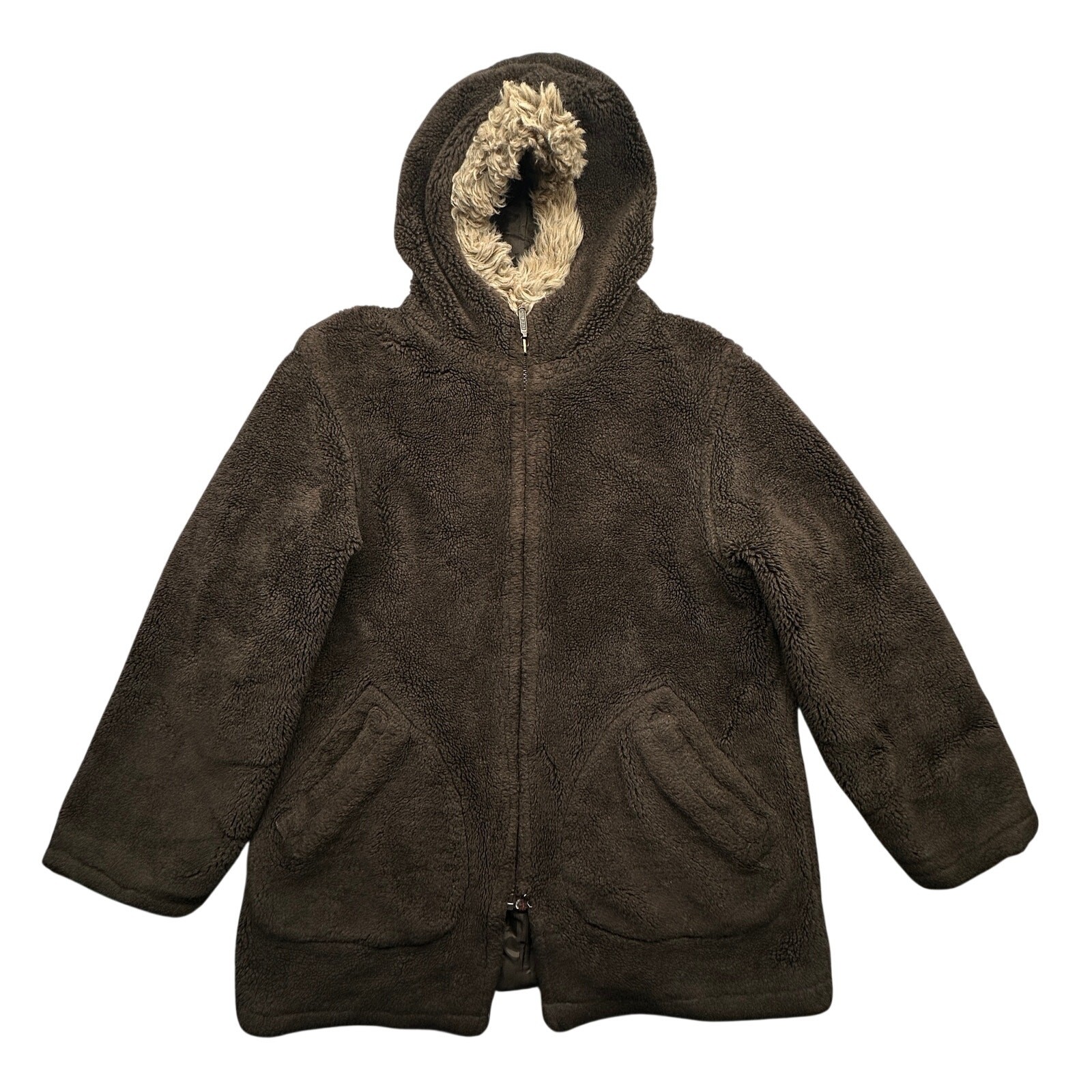 Vintage LL Bean Sherpa Fleece Hooded Eskimo Parka Coat Jacket Mens Large Brown