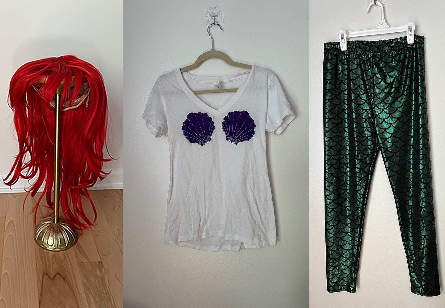 Ariel Mermaid Halloween Costume Set Red Wig Shell Top Green Leggings