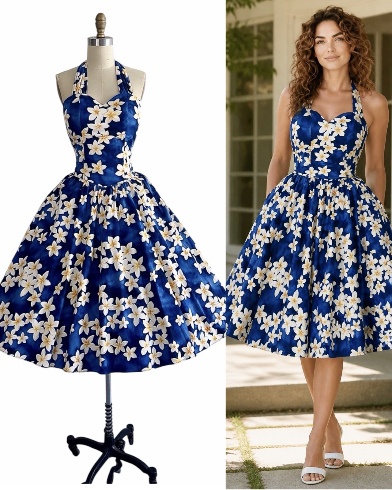 Vintage 1980s 1950s Style Blue Floral HAWAIIAN Pinup Dress Halter Top Sundress 