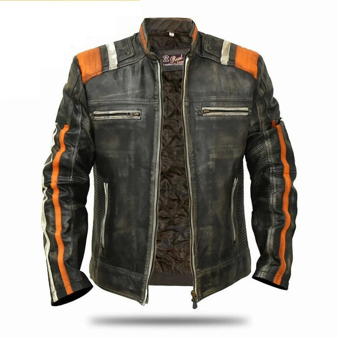 Men\'s Retro 3 Café Racer Biker Vintage Motorcycle Distressed Real Leather Jacket