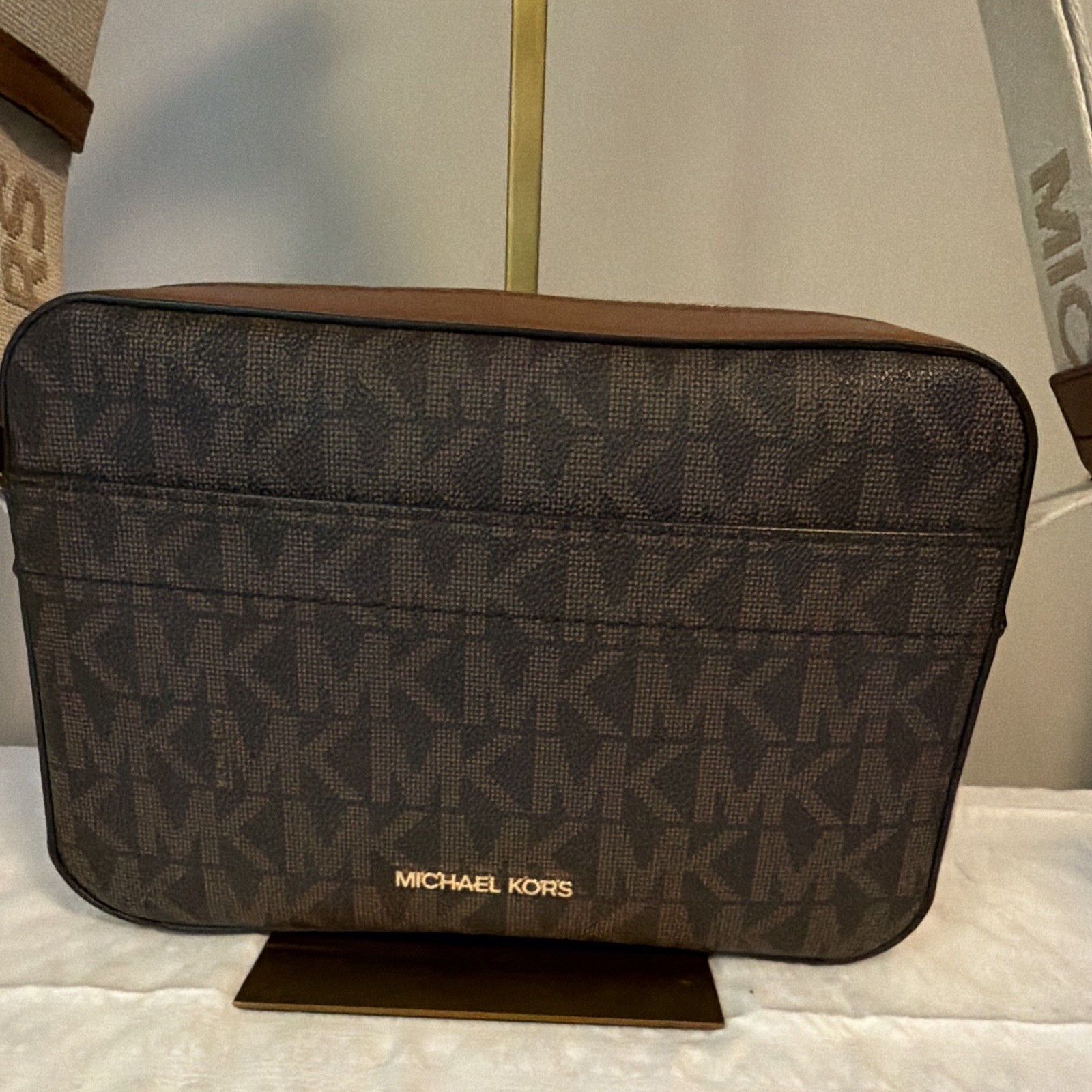 Michael Kors MK logo brown coated canvas shoulder bag zip, beige strap, gold