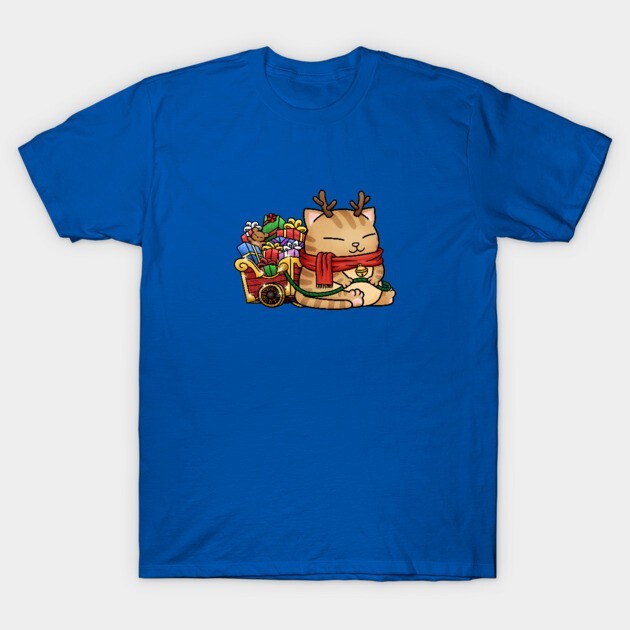 Christmas Cat Reindeer T Shirt, Cute Kitten with Gift Sleigh Holiday Graphic Tee