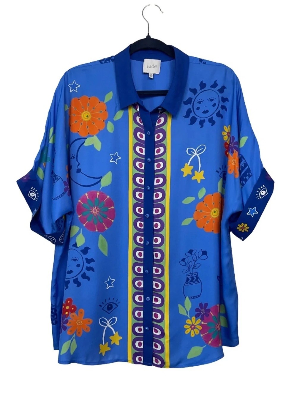 Jade by Johnny Was Silk Blend Button Front Short Sleeve Fernanda Shirt Blue XL