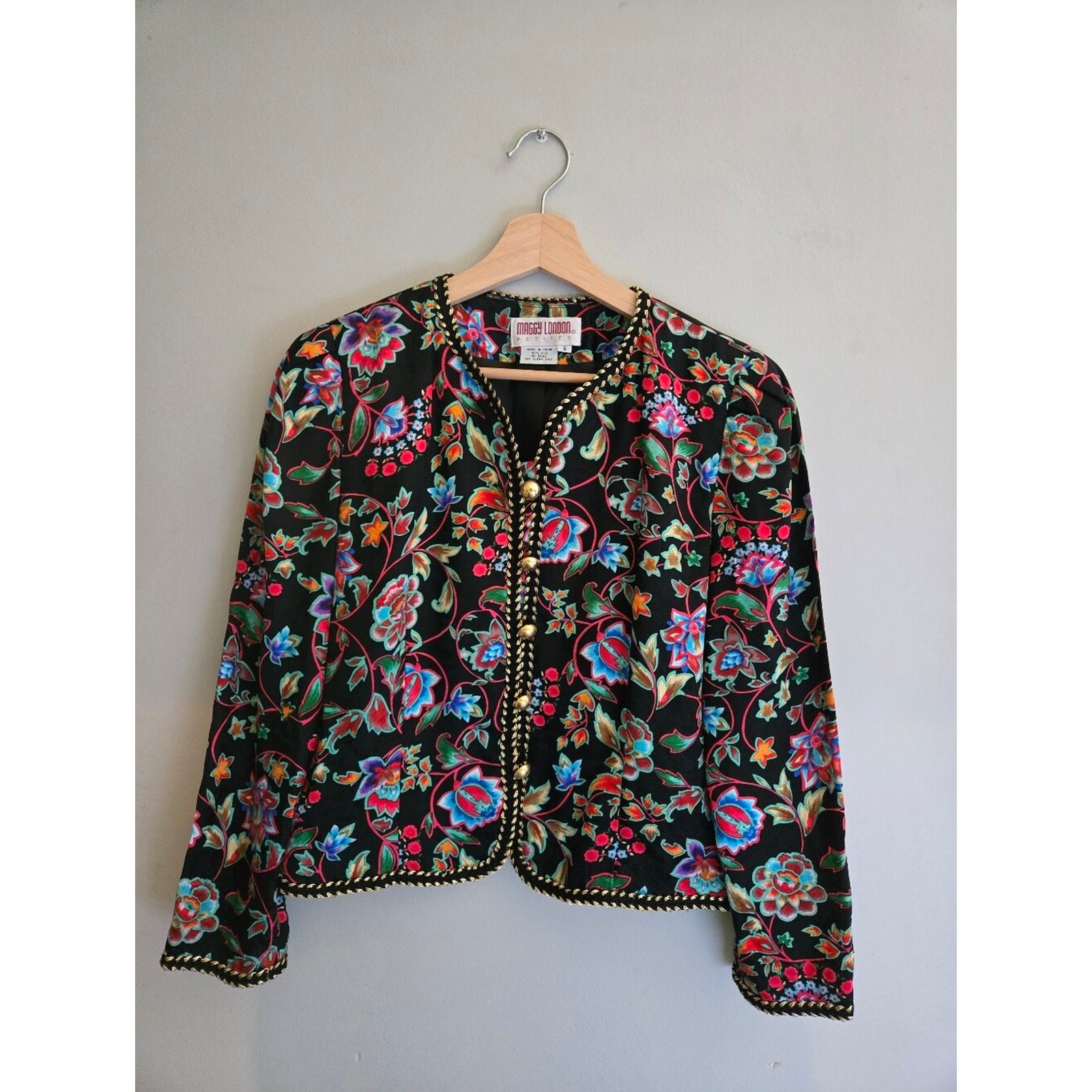 Vintage Maggy London Petite 6 100% Silk Floral Blouse Jacket Black Gold Trim Mod