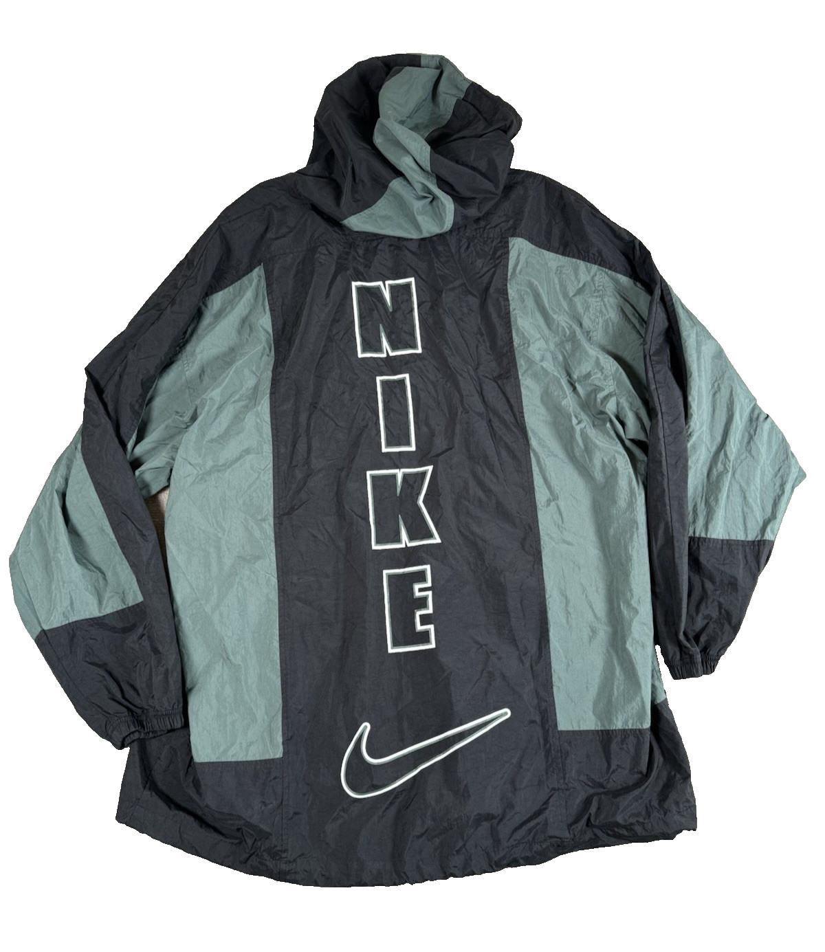 Nike Air Center Swoosh VTG 90s Pullover Hood Jacket XL Black Green Spell Out