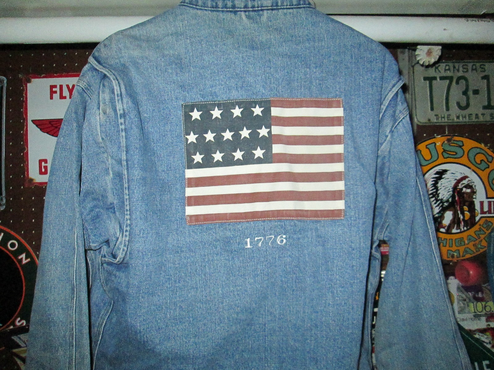 PRL Polo Ralph Lauren Vtg 90s Corduroy Collar AMERICAN FLAG 1776 jean Jacket L