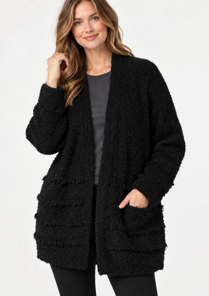 NWT BAREFOOT DREAMS BLACK COZYCHIC BOARDWALK OPEN FRONT CARDIGAN SWEATER SZ L
