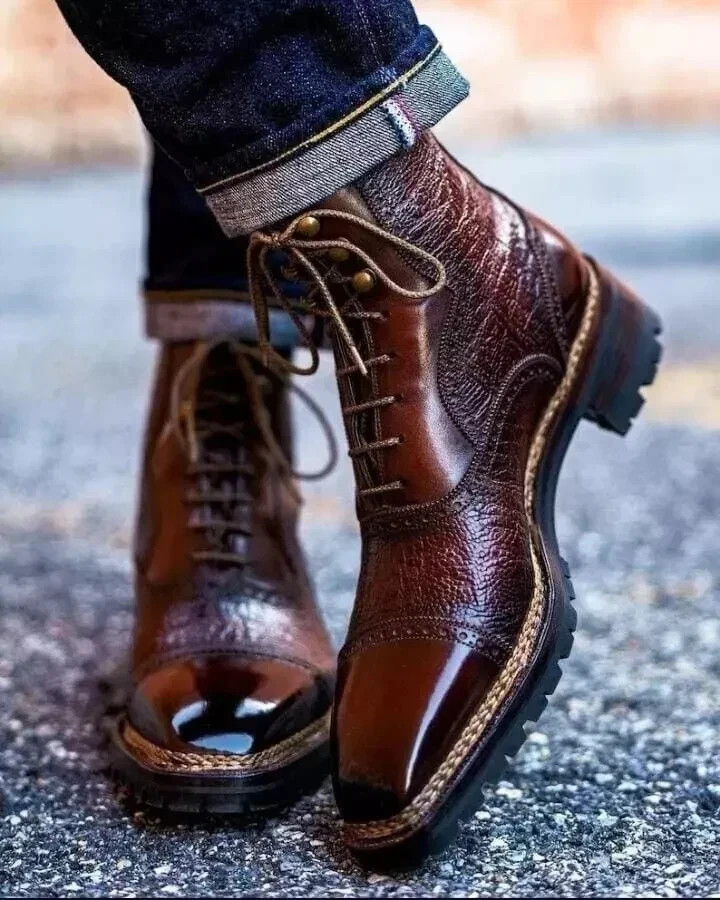 New Handmade Brown Genuine Leather Cap Toe Ankle Lace Office Dress Boots For Men