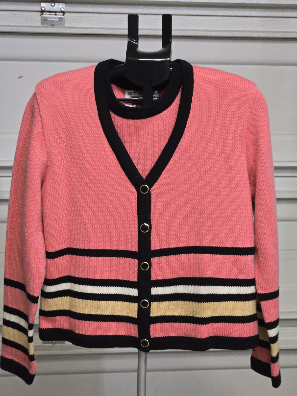 VTG St. John Sport Marie Gray Knit Cardigan & Tank Top Set Coral Black Old Money