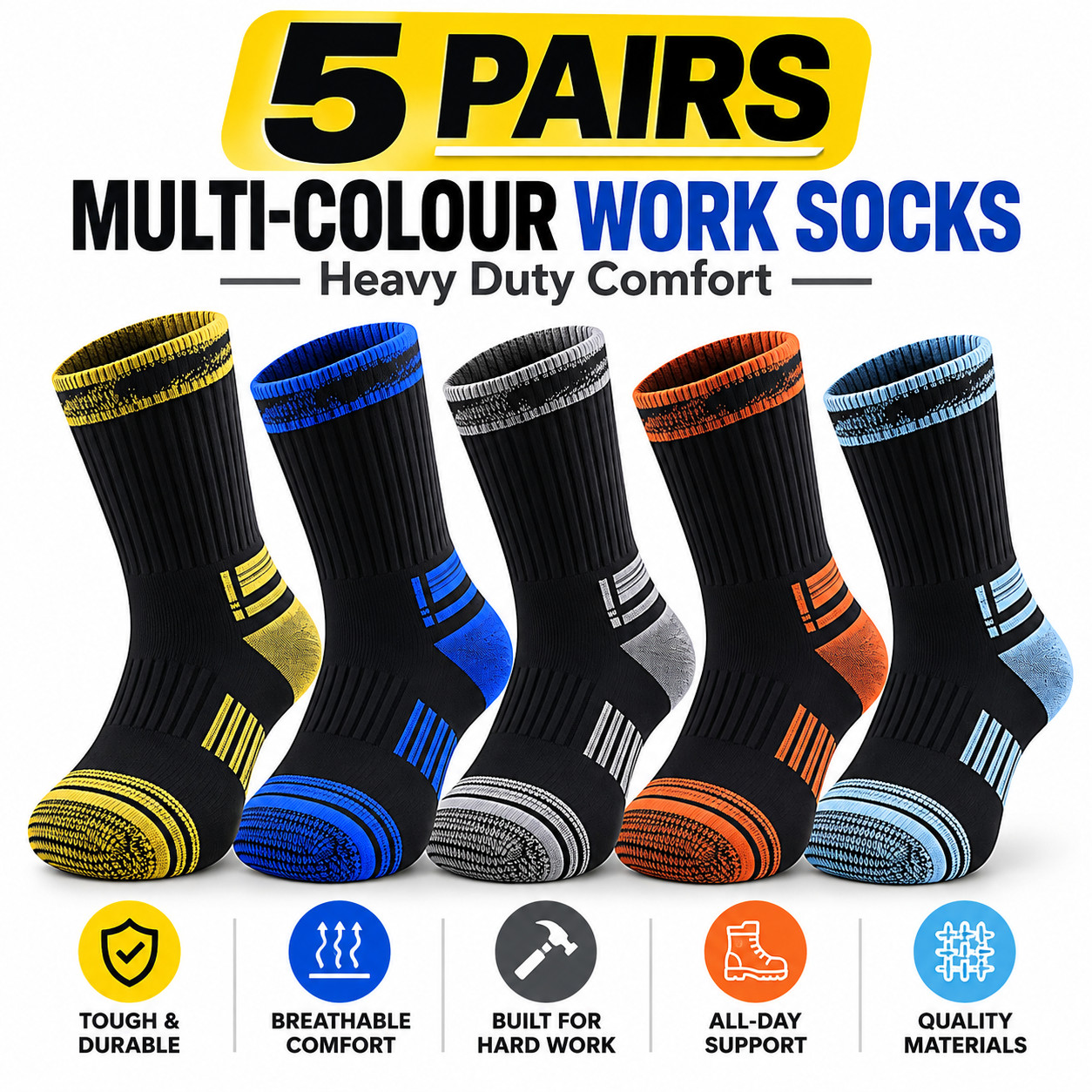 Mens Heavy Duty Work Socks Cushioned Reinforced Heel Toe Boot Socks 5 & 10 Pairs