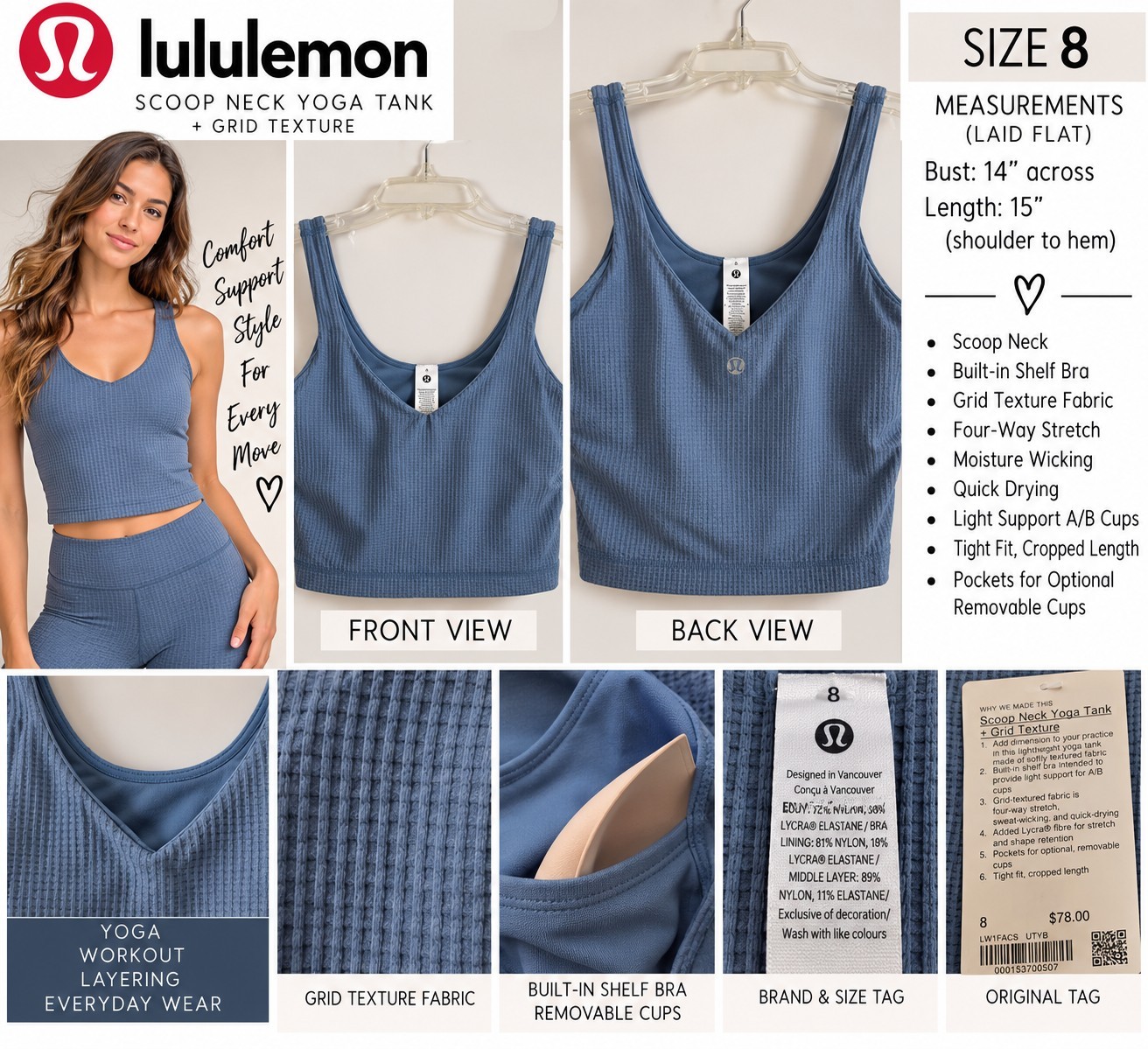 NWT Lululemon Women\'s Size 8 Scoop Grid Texture Fabric Yoga Tank Top Blue Crop