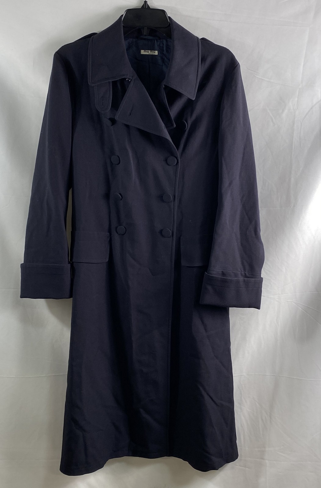 Vintage 2001 Miu Miu Women\'s Navy Blue Wool Gabardine Trench Coat Size M