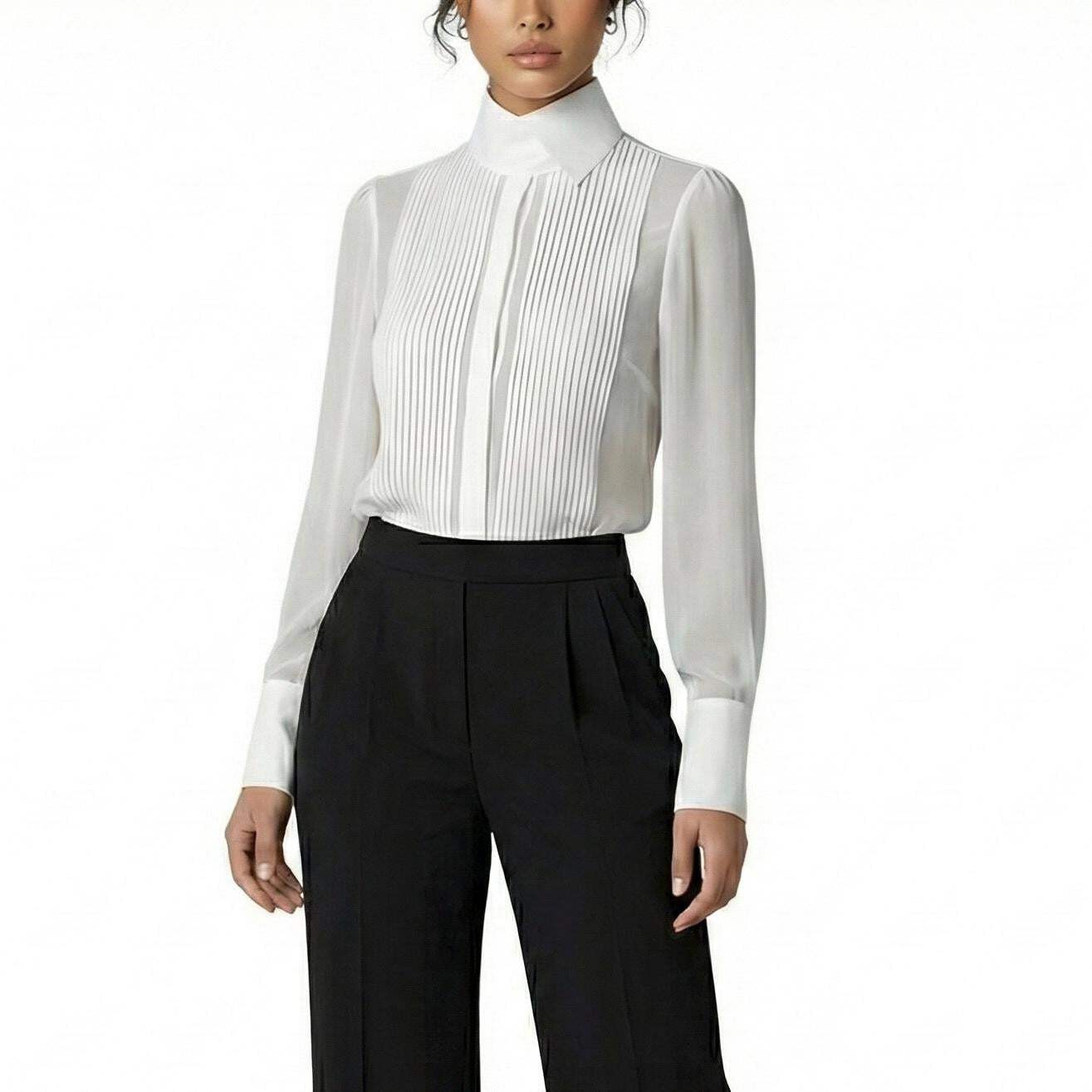 The Ivory Silk Chiffon Pintuck Blouse with High Collar