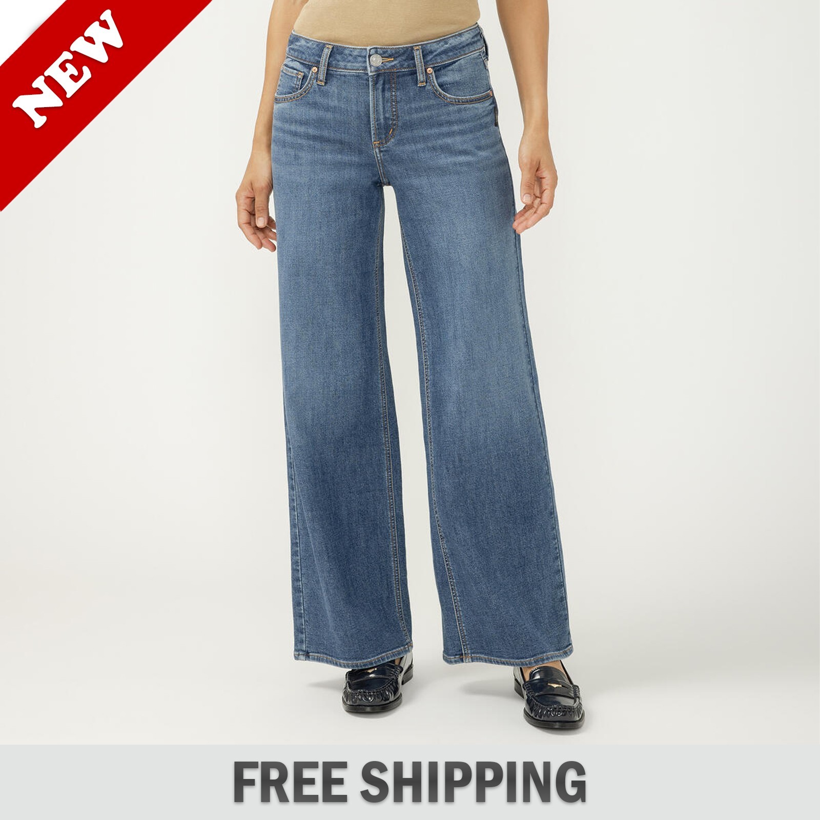Silver Jeans Co Womens Suki Mid Rise Wide Leg Knit Flex Jeans / Full Size - NEW