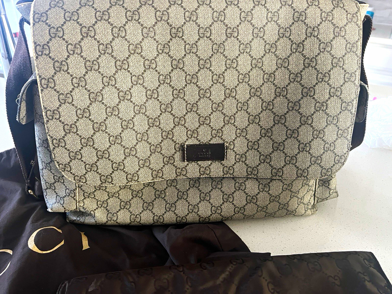 Gucci GG Canvas Shoulder Diaper Bag- Adjustable Strap Beige/Brown w Dust Bag