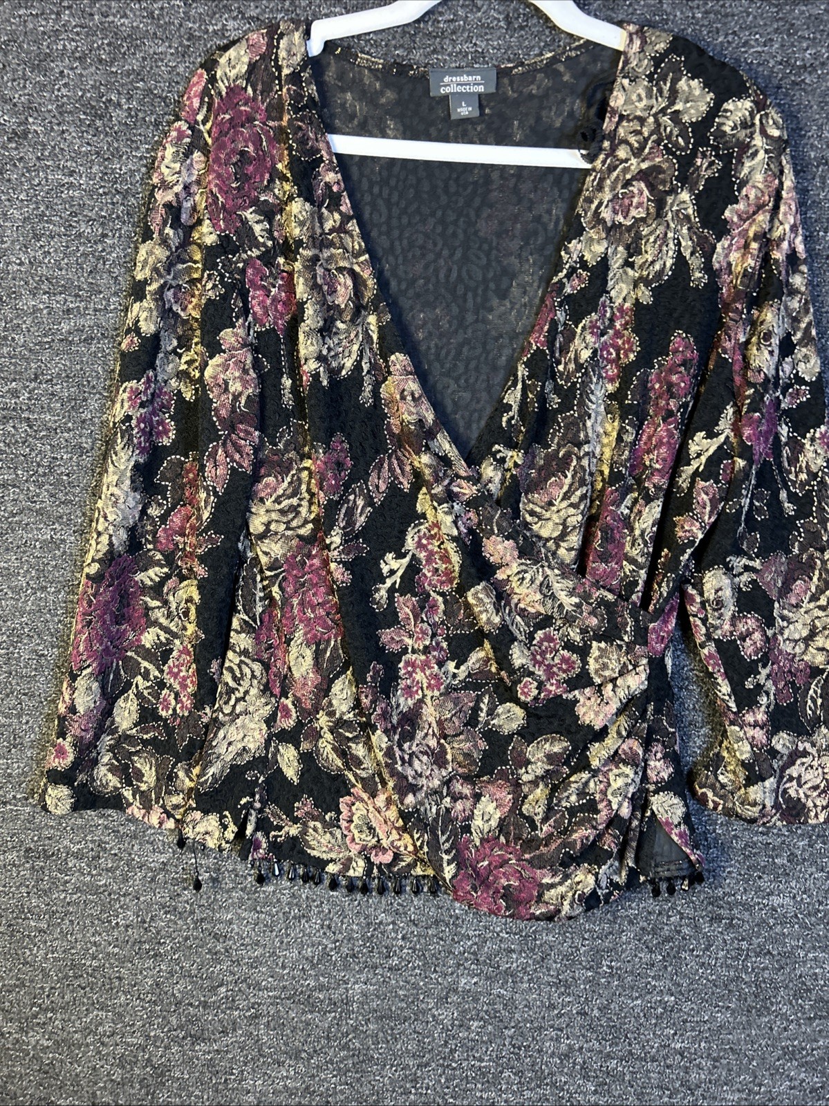 Dressbarn Collection Large Blouse Cross Over VNeck Top Beaded Bottom Hem Top