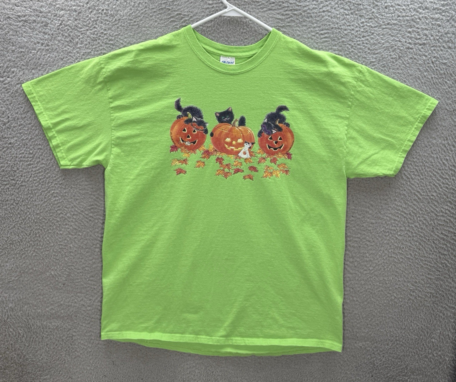 Vintage Gildan Shirt Adult XL Green Crewneck Cat Kitten Pumpkin Halloween Y2K