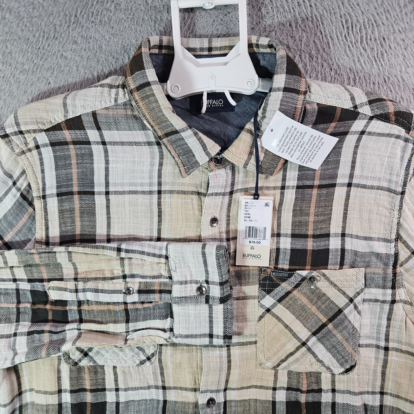 NEW Buffalo David Bitton Shirt Men XL Button Up Long Sleeve Tan Ocre Plaid Soft