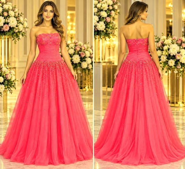 Alyce Paris Lipstick Pink Strapless Embellished Ball Gown Size 10 $470