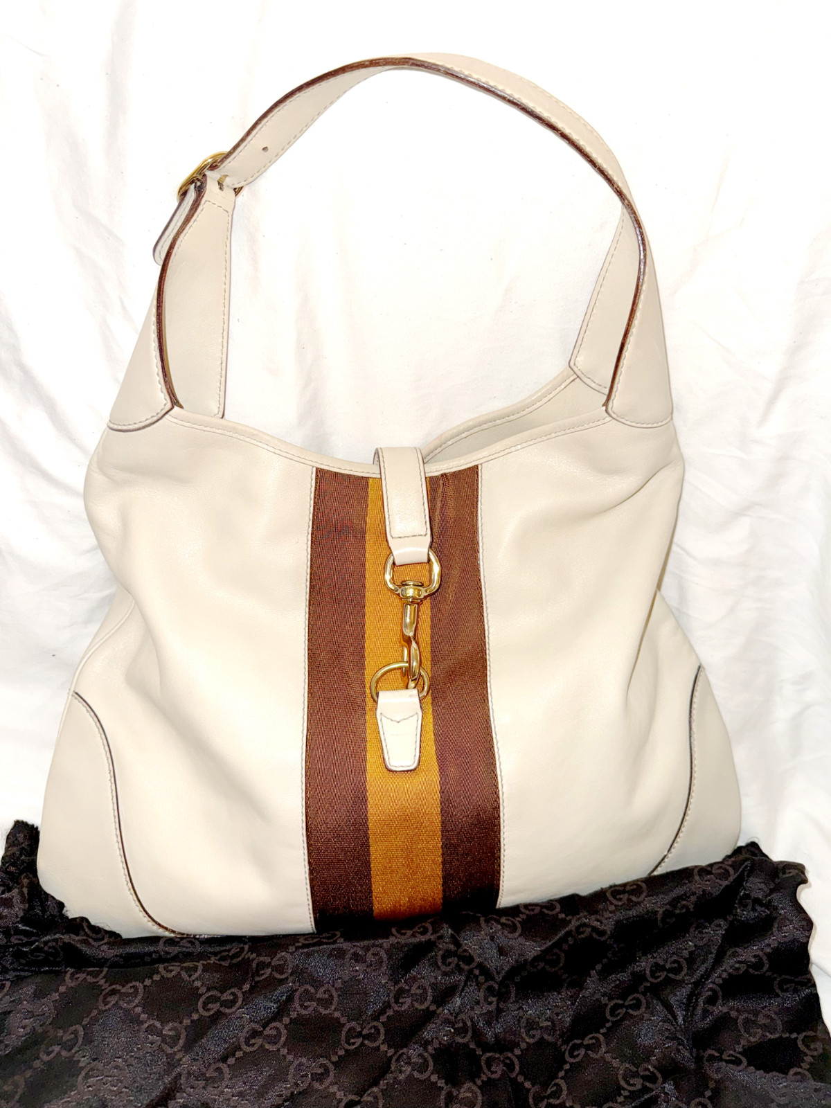 Authentic Vintage Gucci Web Jackie O Bouvier White Leather Hobo, Large (2005)
