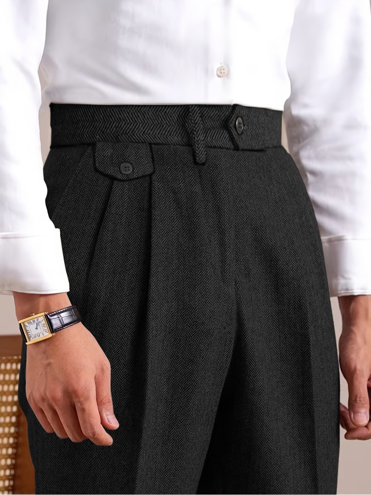 Mens Tweed Suit Pants Slacks Vintage Retro Adjustable Waist Herringbone Trousers