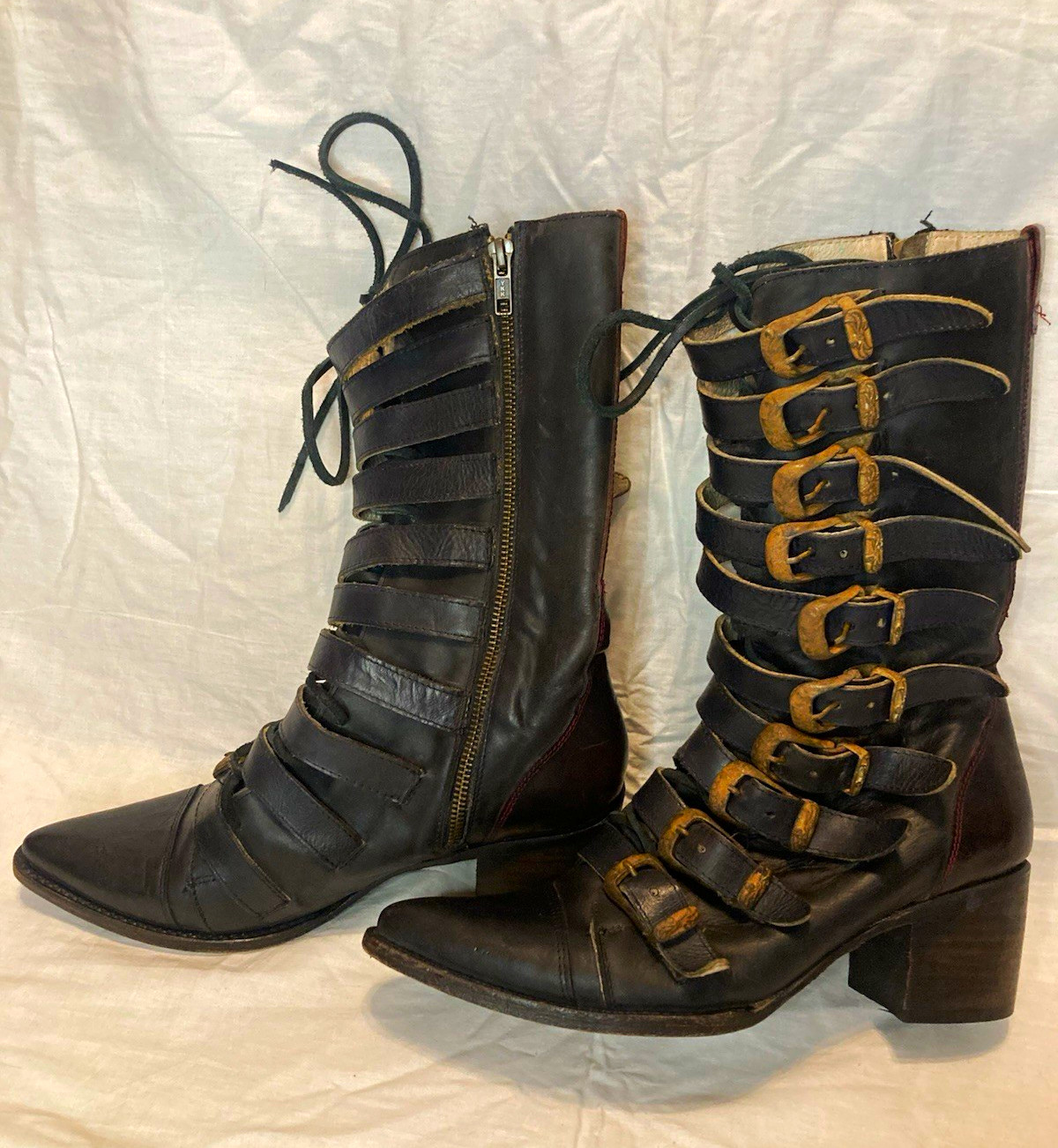 Freebird by Steven Boots size 10 Black Leather Mid-Calf Zip Buckle Stoke RARE