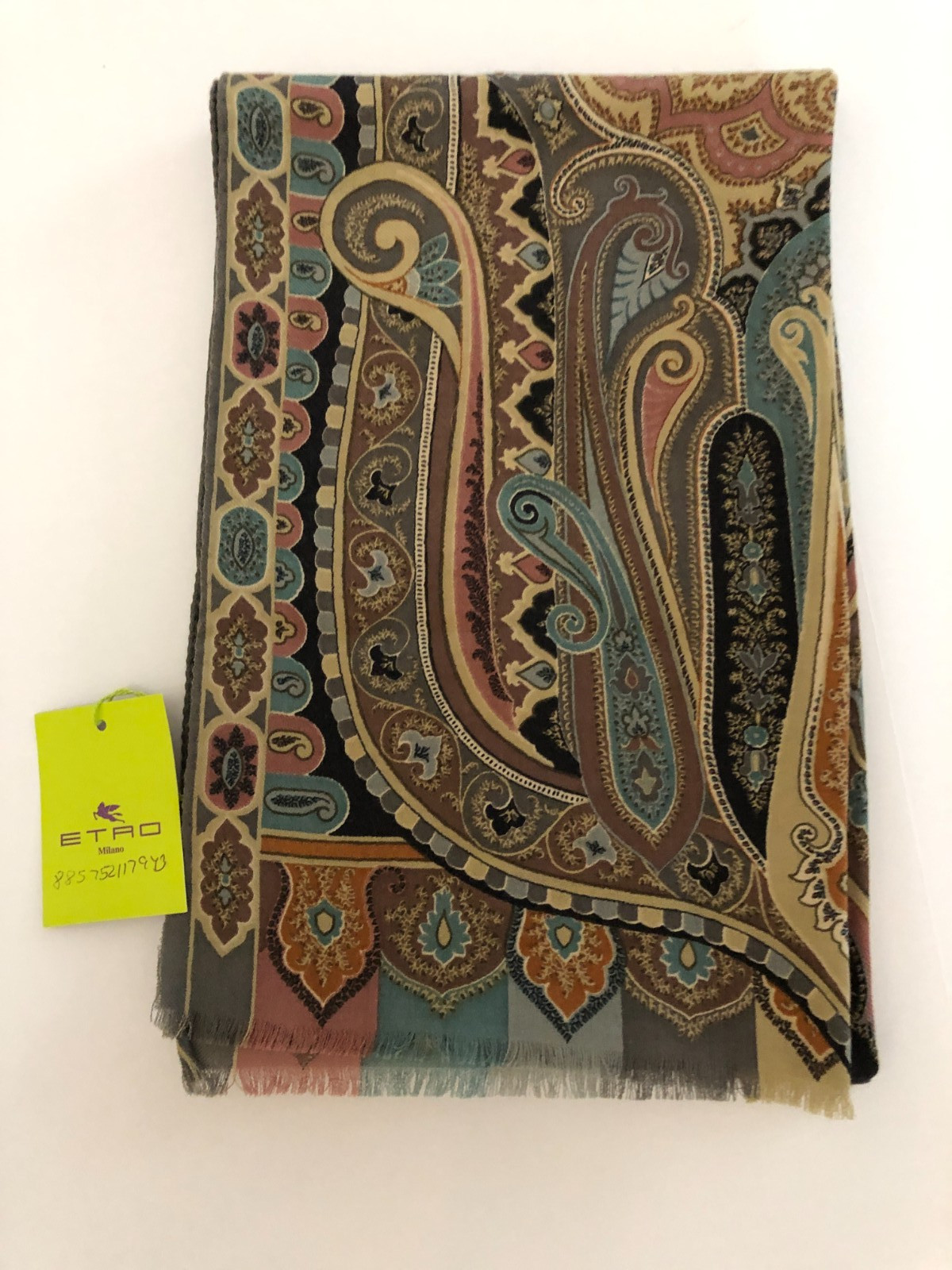 Etro Rectangle Brown Blue Pink Beige Wool/Silk Scarf 52\