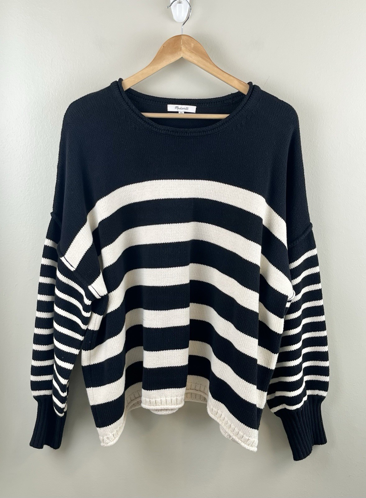 Madewell Striped Balloon-Sleeve Pullover Sweater Cotton Sz XL Preppy Classic