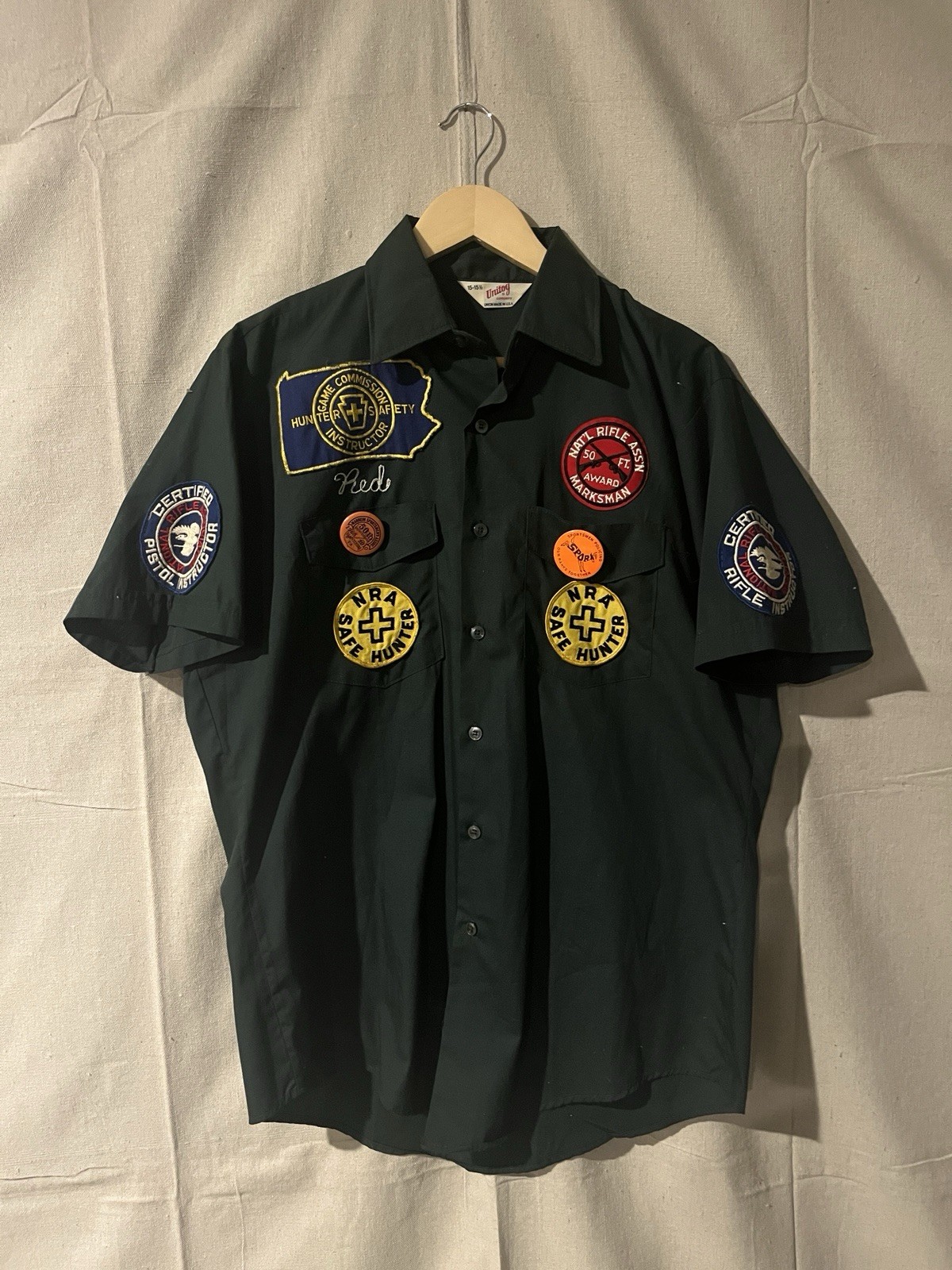 Vintage 70s Unitog NRA Rifle Instructor Game Commission Patch Shirt Size Medium