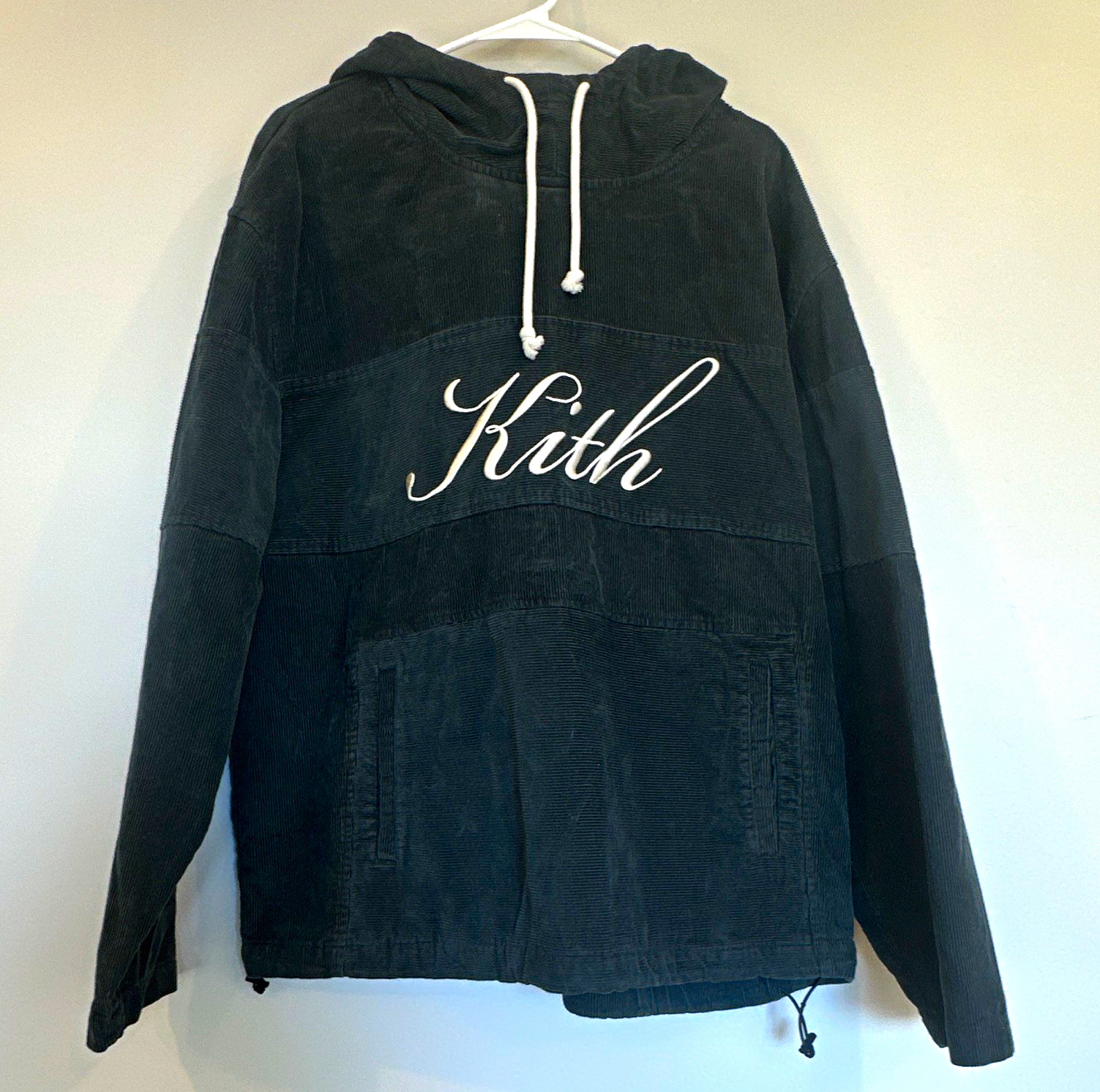 Kith Black Cotton Corduroy Pullover Hoodie Logo Pockets Men\'s XL