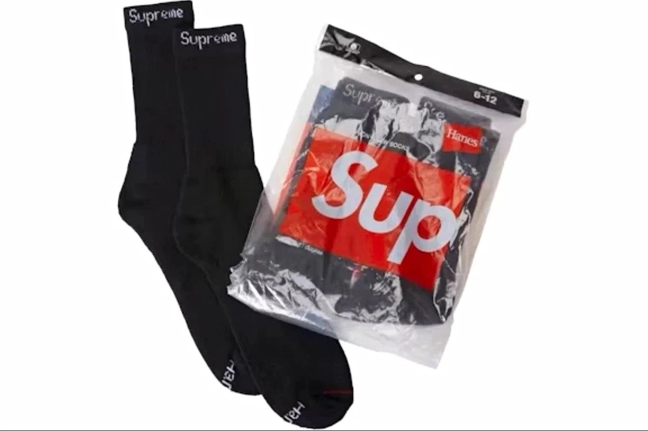 NEW Supreme/Hanes Crew Socks Authentic Black 4 Pack Size Men\'s US 6-12 