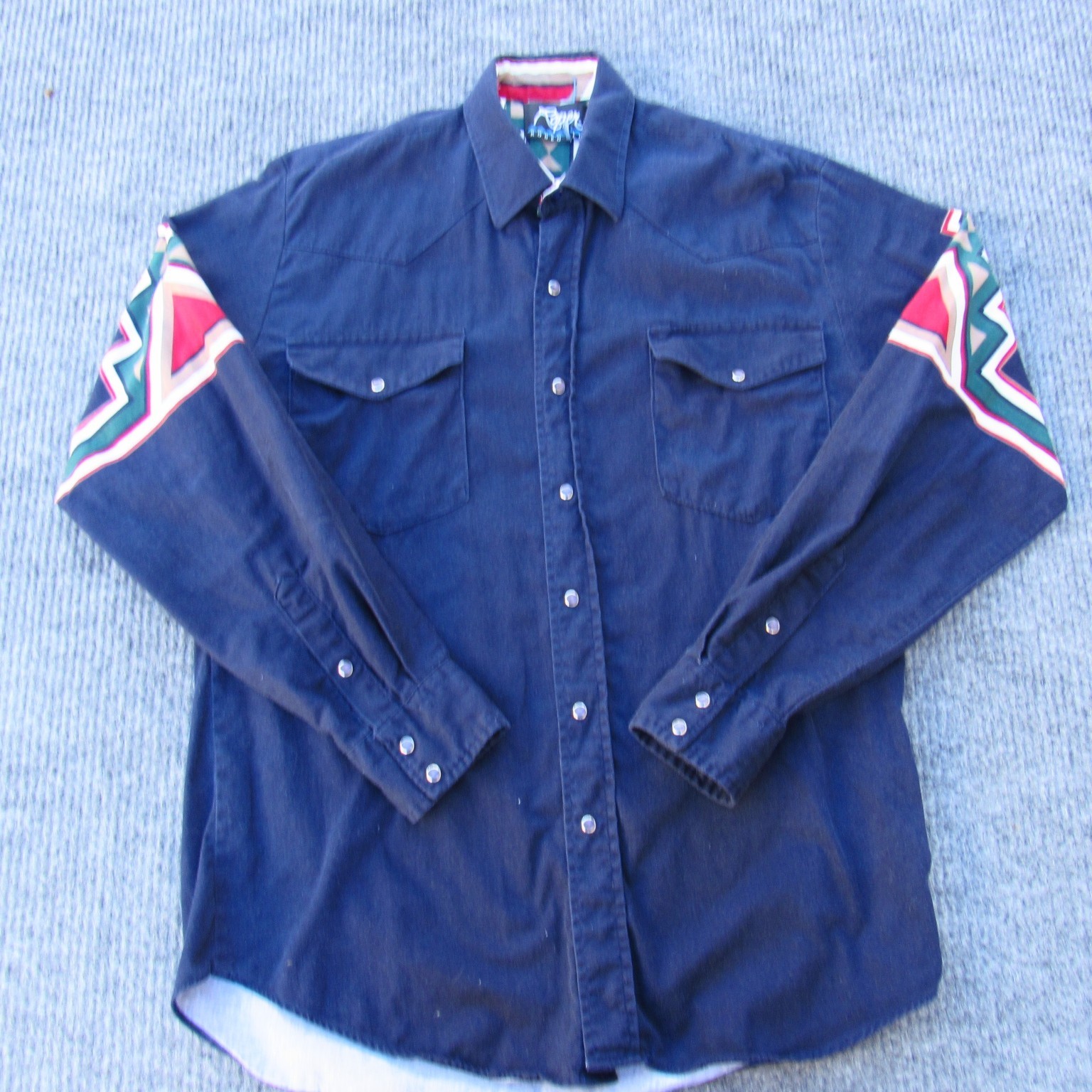 Vintage Roper Men\'s Western Pearl Snap Shirt Blue Aztec Medium (15.5 - 34) USA