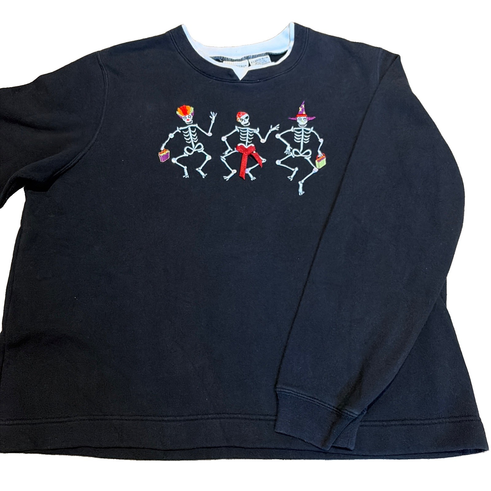 Vintage Halloween Embroidered Sweatshirt Women\'s XL Dancing Skeletons Sequins