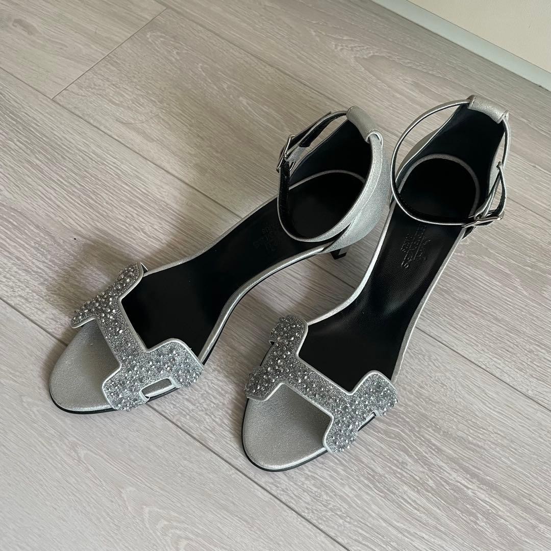 HERMES Joy Silver Jeweled Sandals Heel Ankle Strap Size:36 New