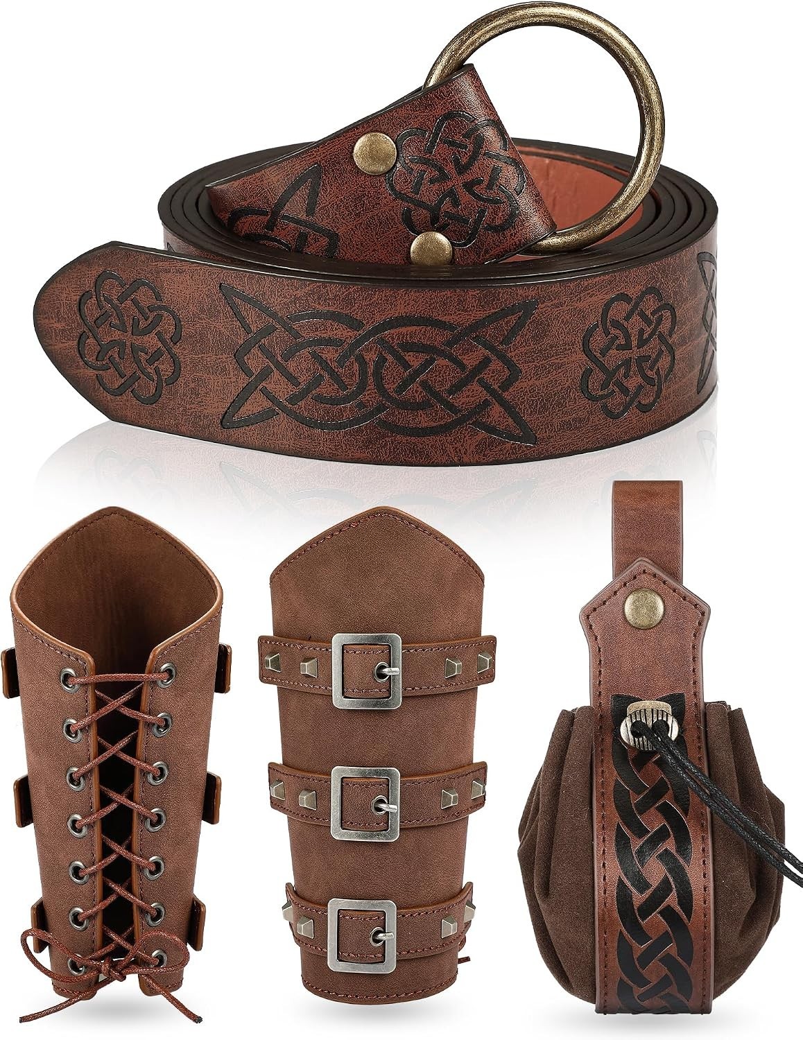 Medieval Viking Belt, Arm Guards Bracers & Bag Set - Authentic Design