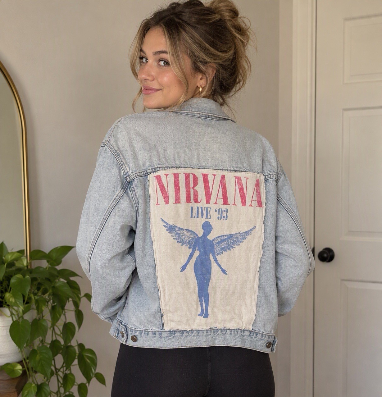Upcycled GAP Women XL Blue Light Wash Denim Jean Jacket Nirvana Live \'93 Graphic
