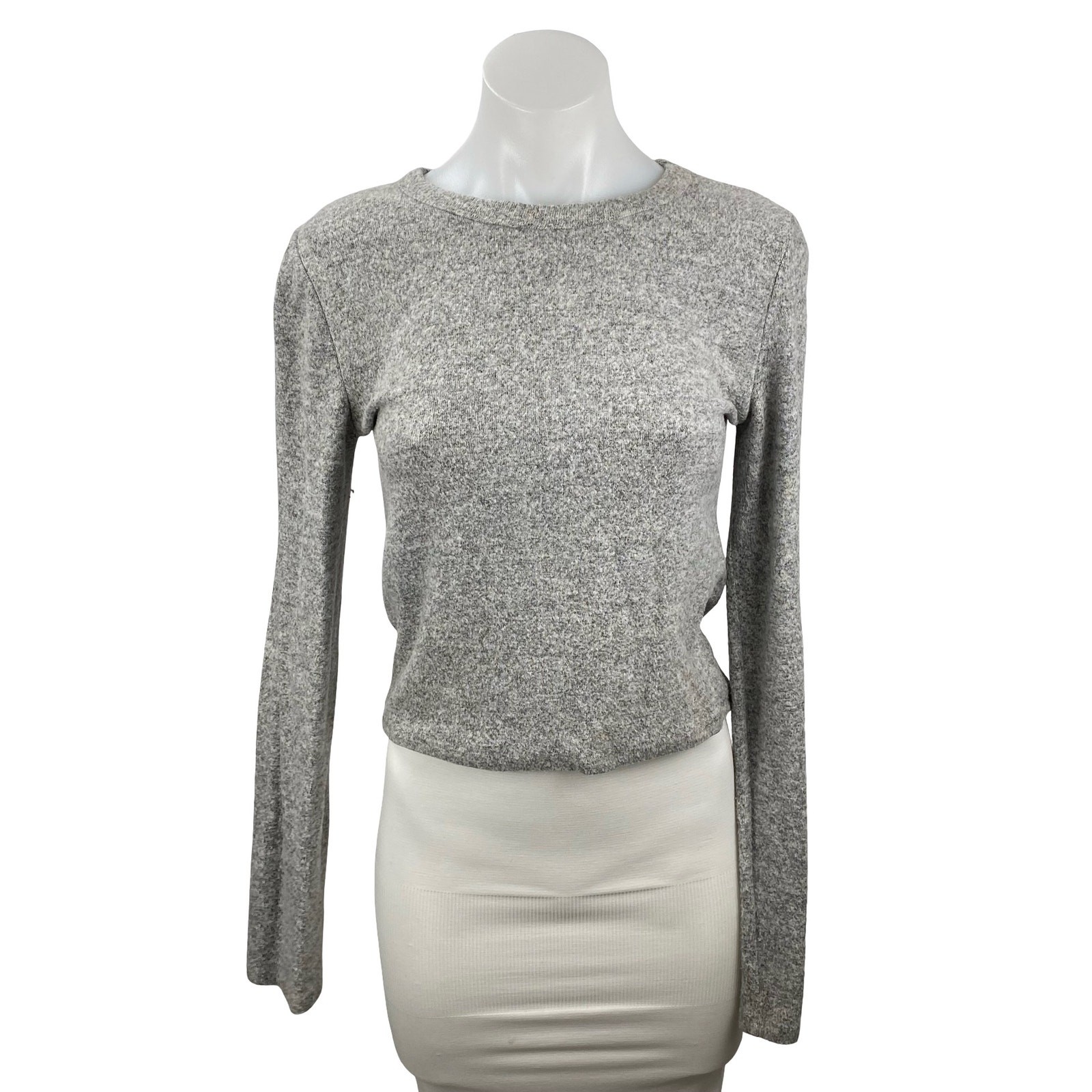 Zara Women\'s Gray Heather Long Sleeve Crew Neck Knit Cropped Sweater Top Size M