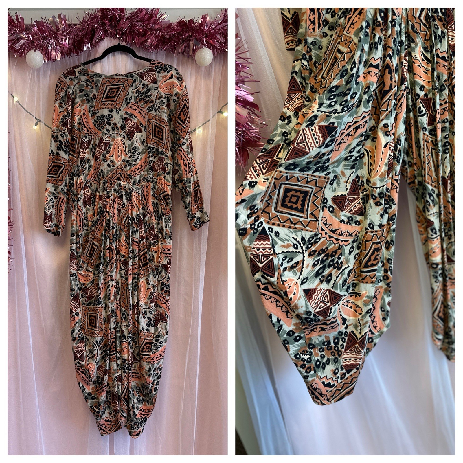 Vintage 80s Jumpsuit Abstract Print New Wave Funky Oversized Draping Rayon L/XL