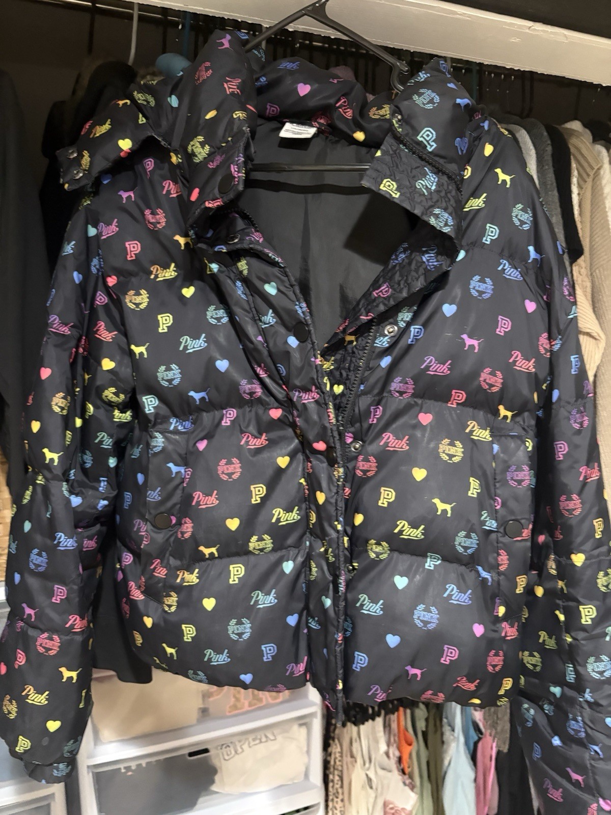 RARE Pink Victoria’s Secret Rainbow Monogram Puffer Jacket