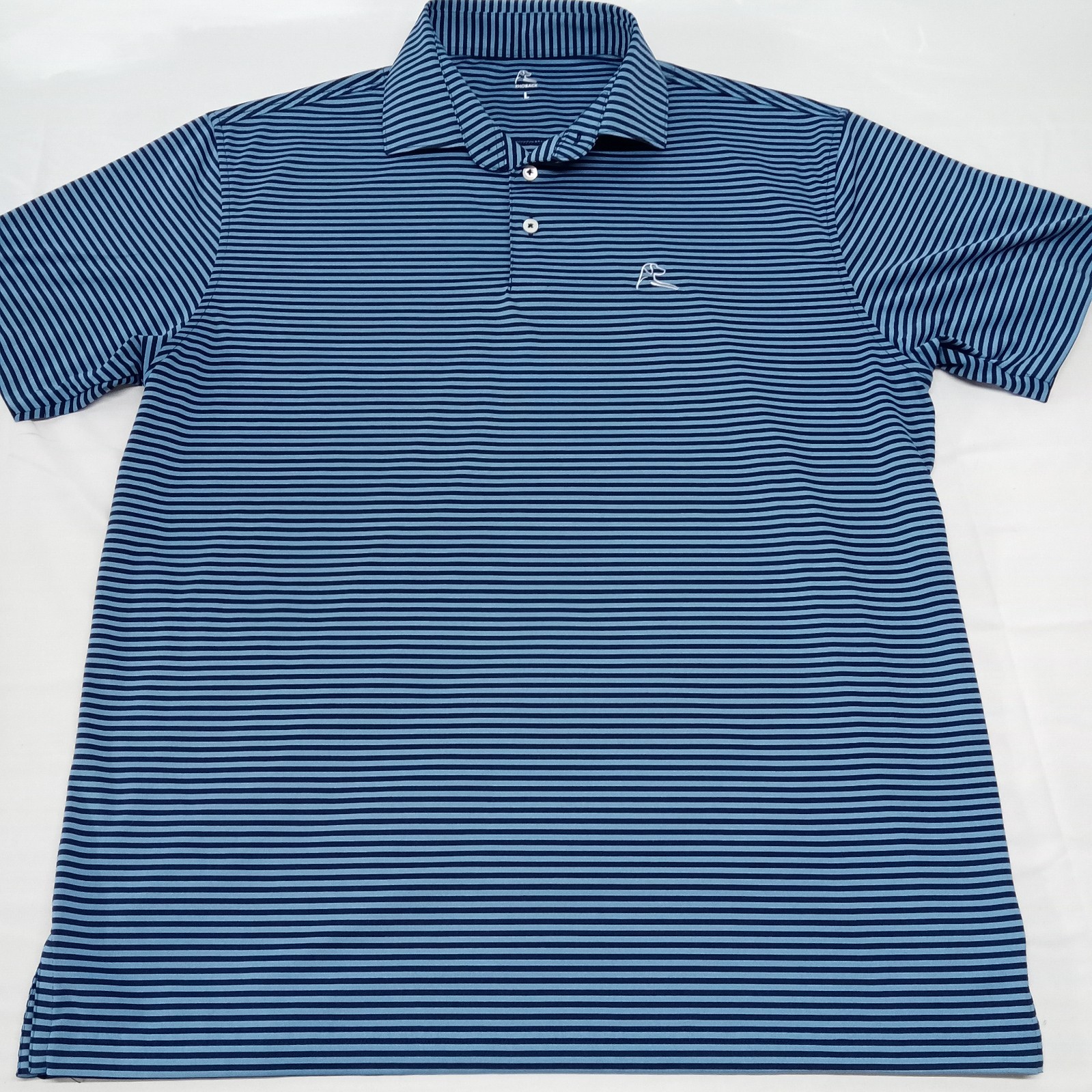 Rhoback men\'s Large polo shirt blue/light blue striped(embroidery on sleeve)(A7)