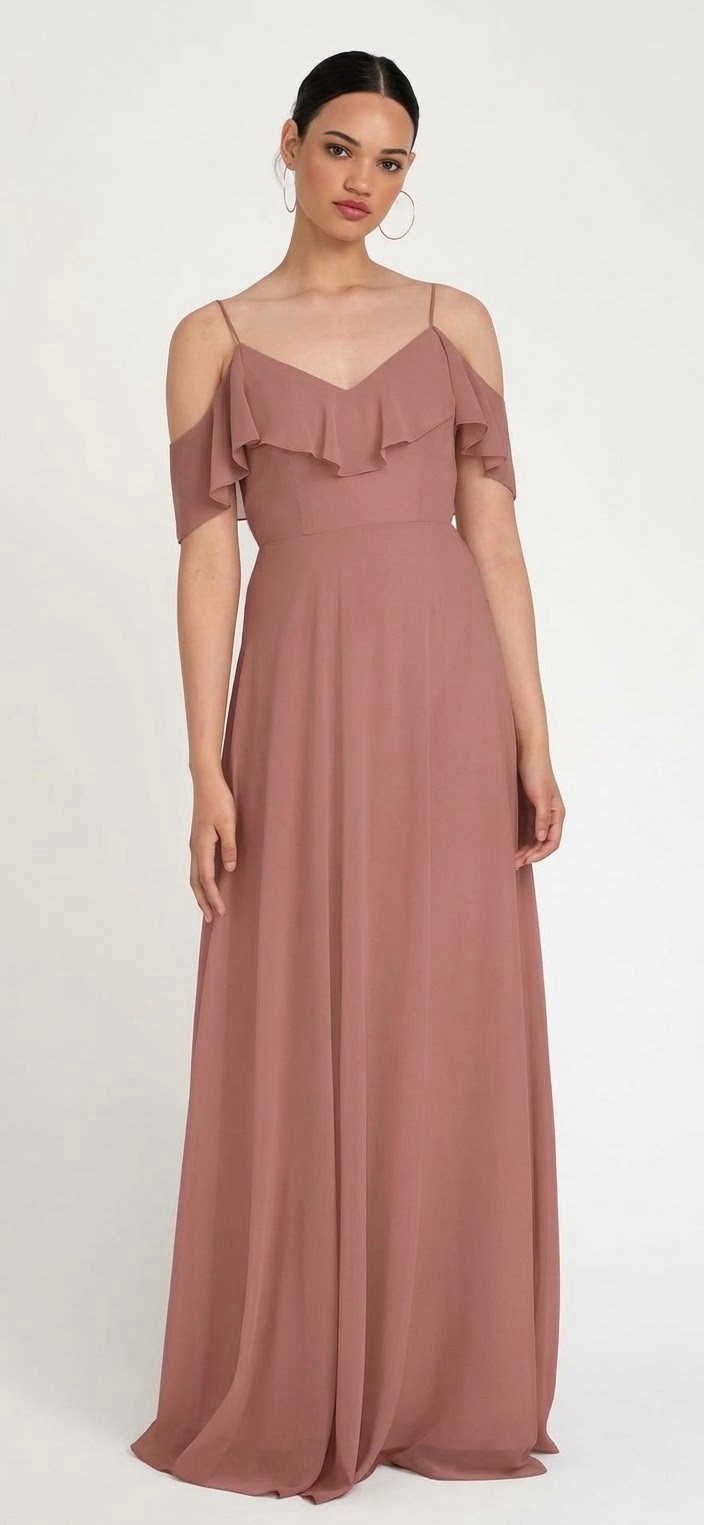Jenny Yoo Size 4 Mila Dusty Rose Chiffon Ruffle Cold Shoulder Bridesmaid Dress