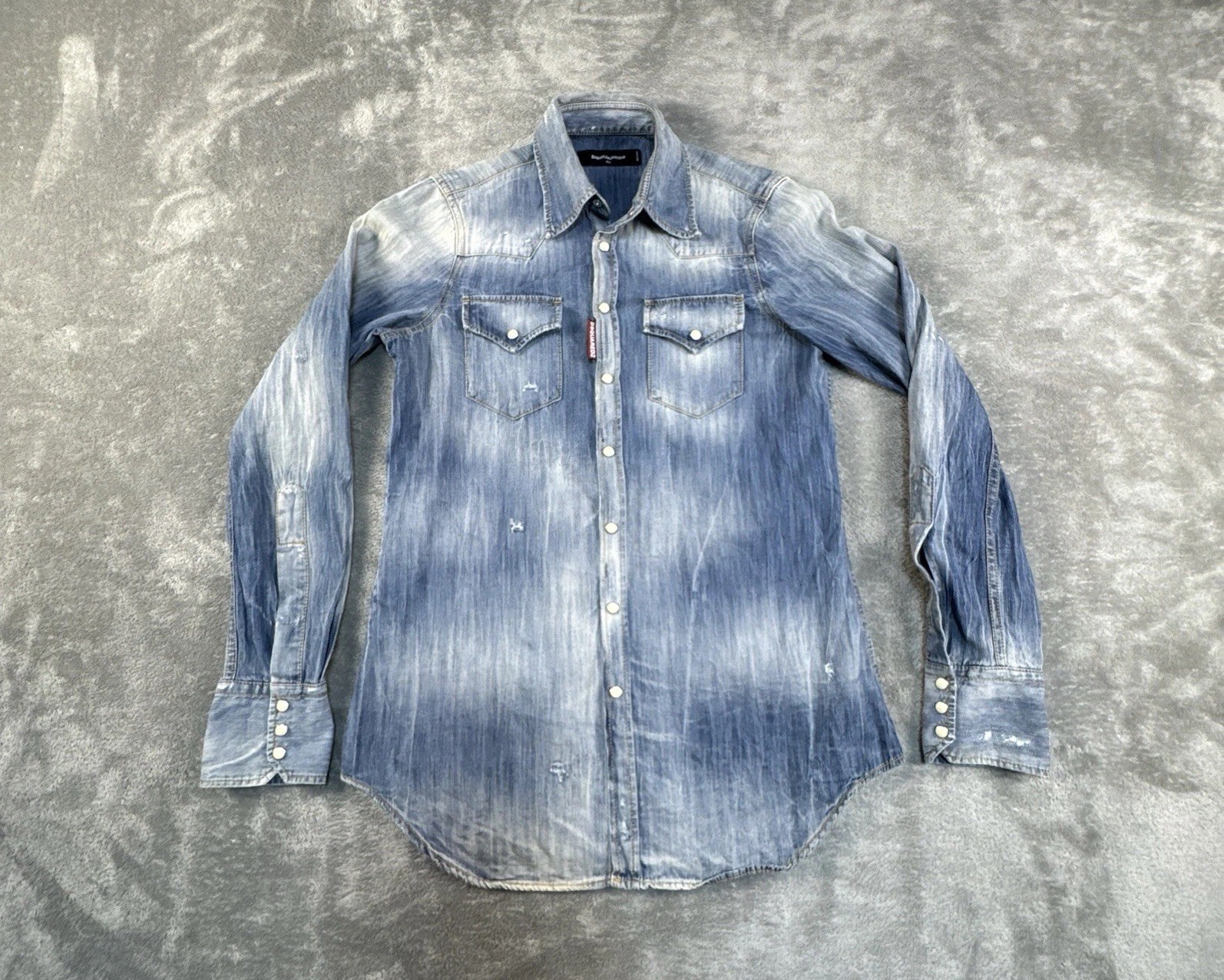 Dsquared2 Denim Pearl Snap Shirt Mens 40 Distressed Faded Blue Western