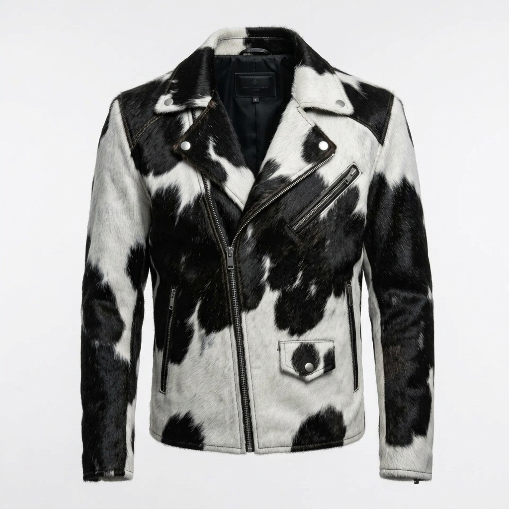 Men\'s Black & White Hair On Cowhide Leather Jacket Natural Hair Biker Jacket