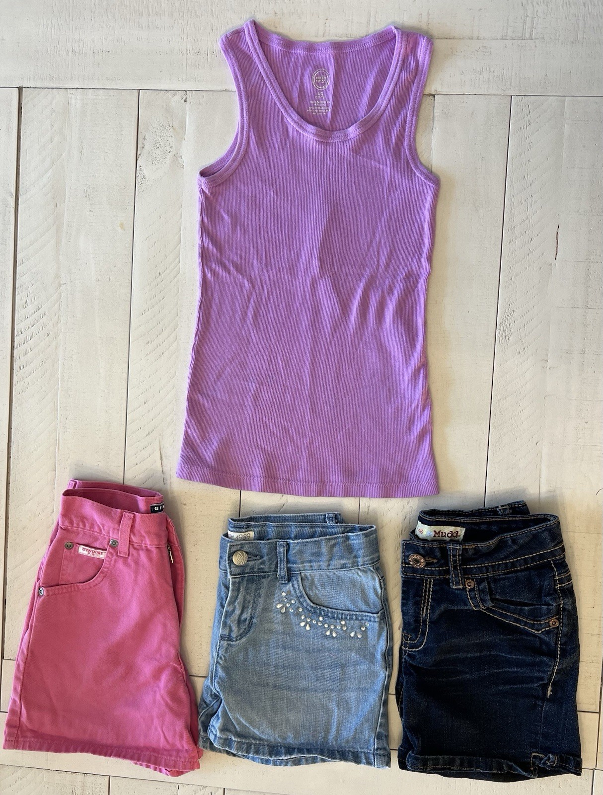 4 Pieces Girls Childrens Place/Mudd Jean Shorts Sz 10 w Purple Tank Top Sz 10/12