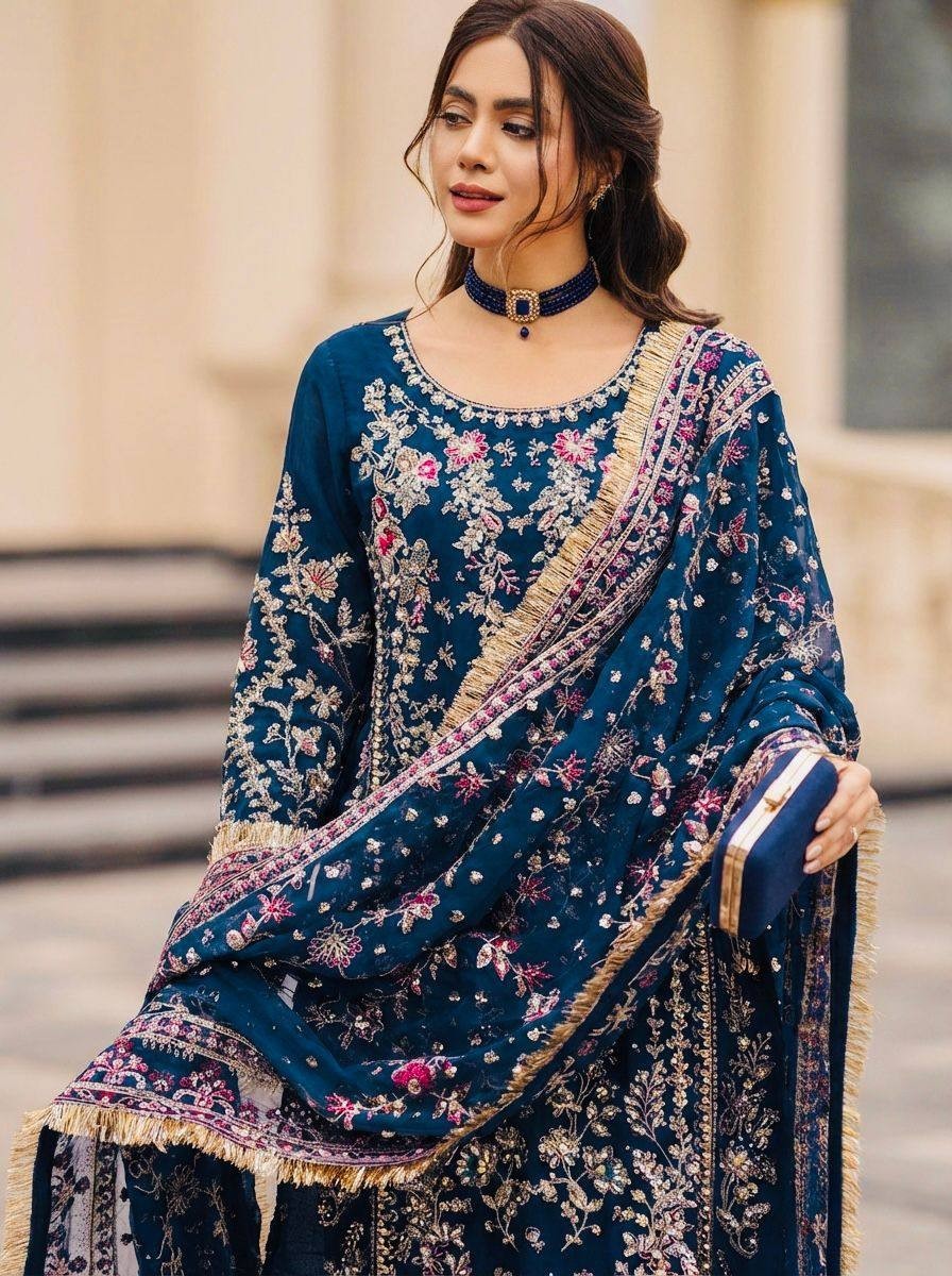 Women's Designer Pakistani Mirror Work Palazzo Suit & Dupatta Party Wear Set