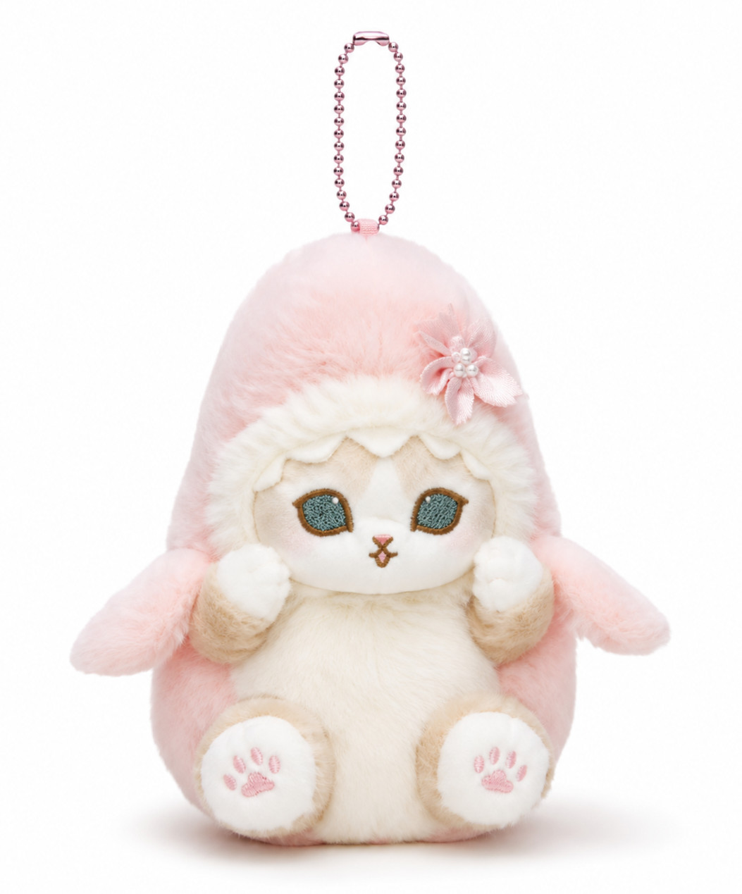Pink Cherry Blossom Shark Mofusand Plush Cat Keychain Key Charm Purse Bag Holder