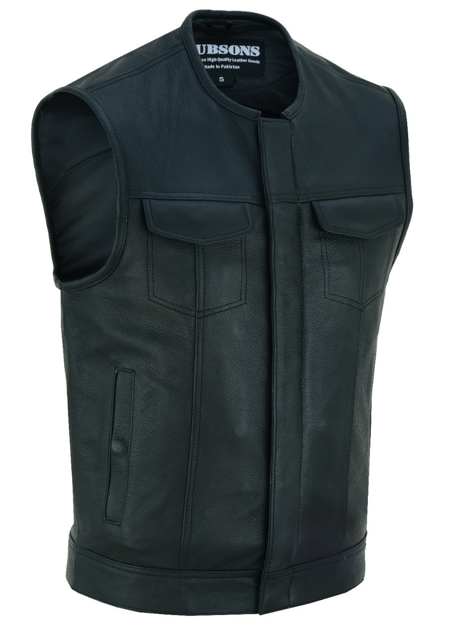 Rubsons Men\'s Cowhide Leather Collarless Club Style Biker Motorcycle Vest